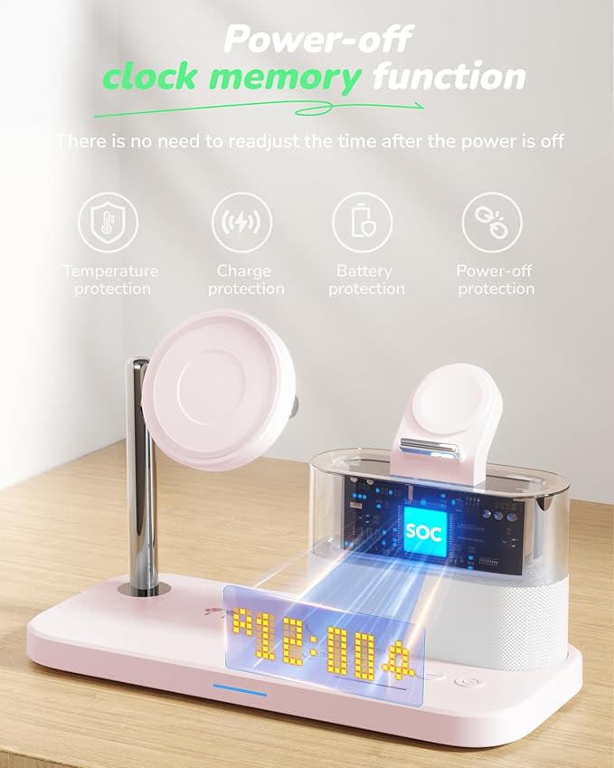5 in 1 Wireless Charging Station,Alarm Clock with Night Light Magnetic Multiple Charger for iPhone 17/16/15/14/13/12 Pro Max,Apple Watch Series Air-Pods,Bedroom Charging Stand
