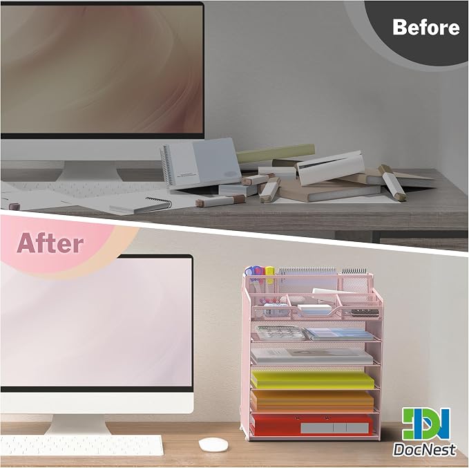 Docnest 6 Tier Mesh Desk Organizer for Paper Office Supplies – Multi-Functional Letter Tray with 5 Adjustable Compartments, 9 Pen Holders, Desktop Storage for Files, Mail, Stationery – Pink