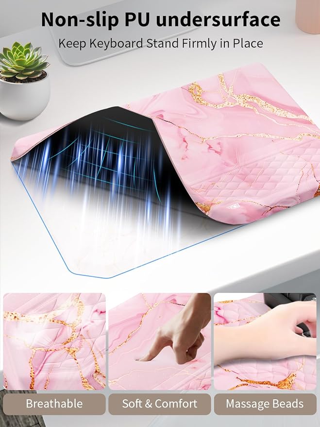 3-in-1 Ergonomic Keyboard Stand with Wrist Rest & Mouse Pad Set, Comfy Keyboard Riser Holder Soft Mousepad with Massage Design, Memory Foam and Non-Slip PU Base for Pain Relief, Pink Marble