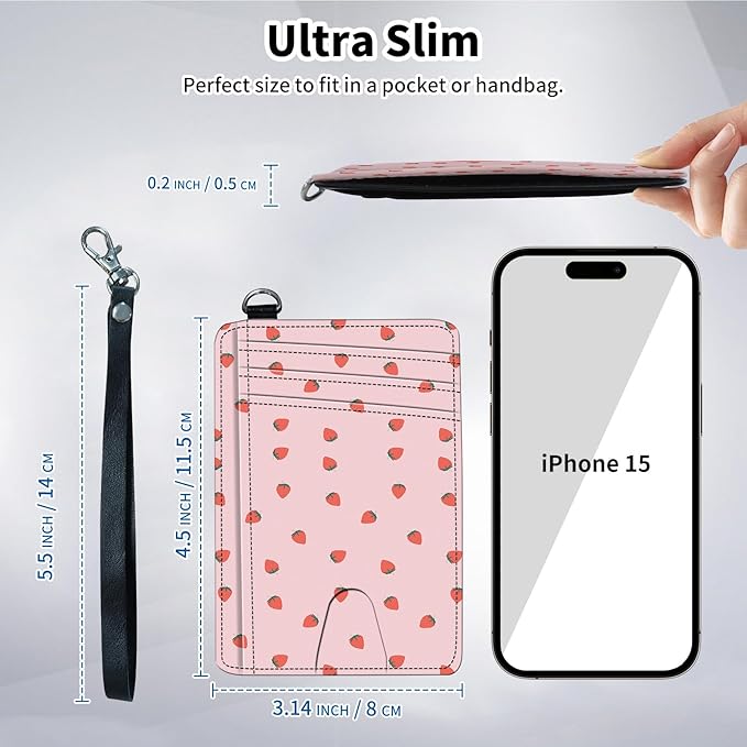 Slim Minimalist Front Pocket Wallet,Credit Card Holder Wallet for Women Men,RFID Blocking Credit Card Holder Case Leather Cute Small Thin Wallet ID Window&Wrist Strap,Cute Pink Strawberry