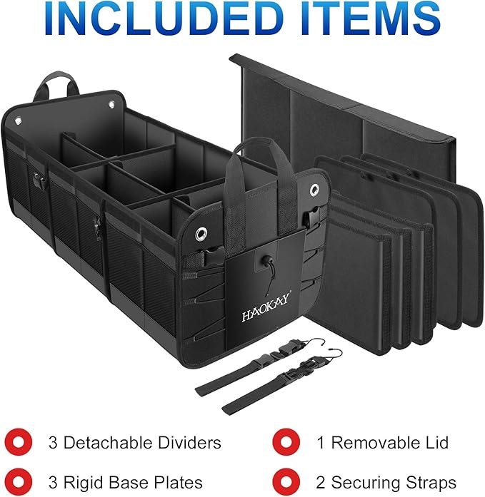 HAOKAY Car Trunk Organizer with Lid，Heavy Duty Extra Large Premium Black Oxford Multi Compartments Collapsible trunk organizer for SUV, Van, Truck, Sedan, Jeep （90L