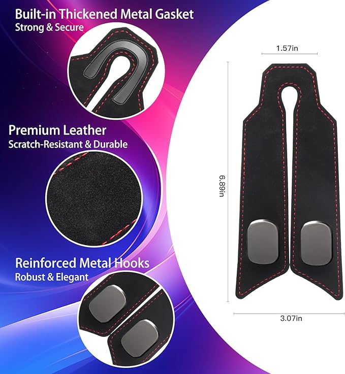 2Pcs Car Headrest Hooks with Premium Leather, Upgraded Double Metal Hooks with Anti-Drop Design, Universal Back Seat Hanger for Bags, Coats, Purses and Groceries (Classic Black)