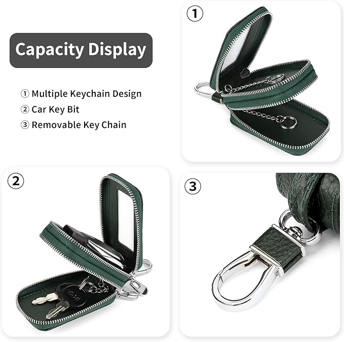 SENDEFN Car Key Fob Case Double Zipper Leather Smart Remote Keychain Protector Holder with Transparent Window