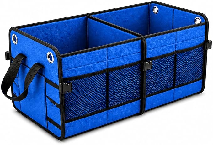 Car Trunk Organizer – Foldable Storage with 3 Compartments, Heavy Duty, Collapsible Cargo Organizer for SUV, Truck & Car (Blue)