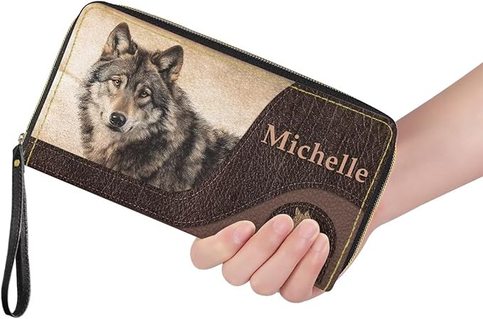 Bulopur Custom Name Wallet for Women Wolf Purse with Wristlet PU Leather Waterproof Ladies Purses Handbag Zip Around Coin Cash Clutch Card Organizers Gifts for Him