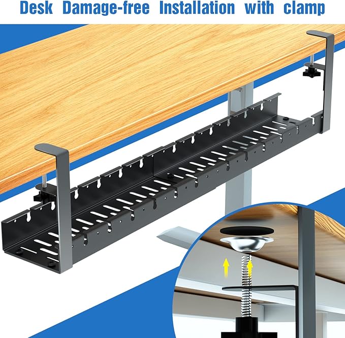 No Drilling Extendable Under Desk Cable Management, Metal Cable Management Tray Under Desk with Clamp, Retractable Power Strip Cord Holder for Wire Management 31Inch(1 Pack Black Extendable 31')