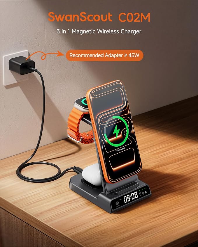25W Fast Charging for iPhone 17, 3 in 1 Magnetic Wireless Charging Station Compatible with MagSafe for iPhone Air/16-12 Series, Apple Watch, AirPods, SwanScout C02M