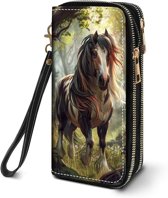 Women's Large Capacity Wallet PU Leather Double Zipper Clutch Purse Multifunctional Wallet with Removable Wristlet Strap for Smart Phone/Coin/Card/Cash, Horse