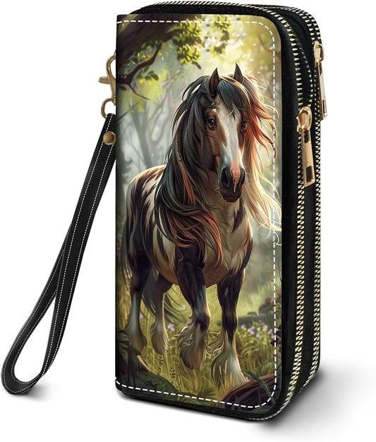 Women's Large Capacity Wallet PU Leather Double Zipper Clutch Purse Multifunctional Wallet with Removable Wristlet Strap for Smart Phone/Coin/Card/Cash, Horse
