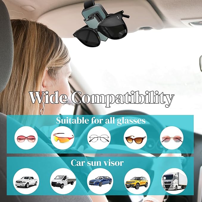2 Pack Sunglasses Holder for Car, One-Handed-Operation Eyeglasses Organizer Sunglass Clip with Silicone Padded for Car Visor, Car Accessories Interior (Black+Sliver)