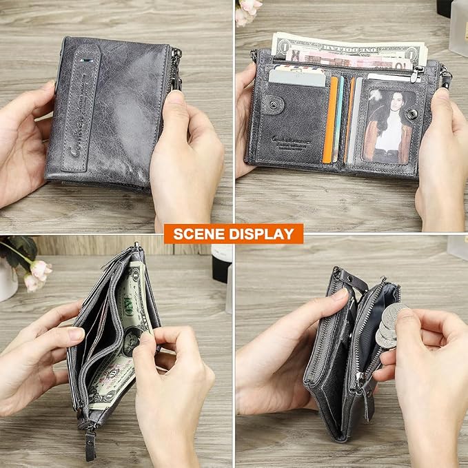 CONTACTS Soft Leather Wallet for Women and Men Small Bifold Coin Purse Double Zipper Card Holder with RFID Blocking (Gray)