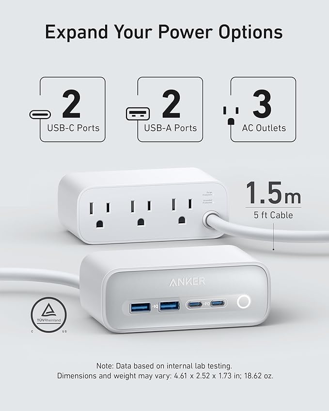 Anker 525 Charging Station, 7-in-1 USB C Power Strip for iphone13/14, 5ft Extension Cord with 3AC,2USB A,2USB C,Max 65W Power Delivery Desktop Accessory for MacBook Pro, Home, Office (Aurora White)