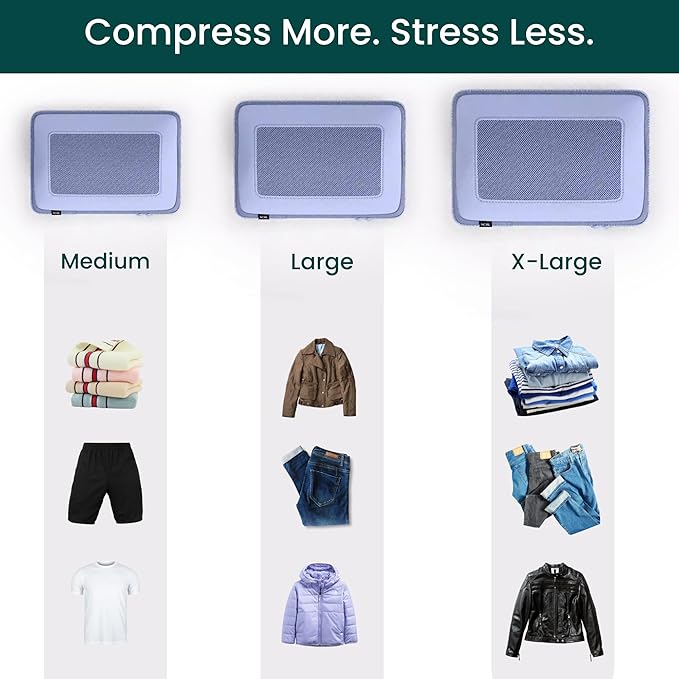 NOBL Travel Compressible Packing Cubes Set, 6 Pieces Travel Packing Organizers, Compression Luggage Cubes for Suitcases & Carry On, Space Saving (XXS, XS, S, M, L, XL) - Lavender