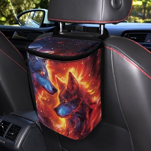 Biyejit Fire Wolf Car Trash Can with Lid Hanging Automotive Trash Bag Leak-Proof Portable Car Garbage Bin Car Accessories Interior Car Organizer