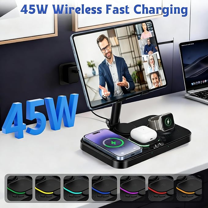 45W 6 in 1 Charging Station for Apple Multiple Devices, Wireless Charging Station with Clock & 7 RGB Light, Foldable Wired Chargers for Multiple Devices for iPhone 17/16/15, iPad, Apple Watch, AirPods