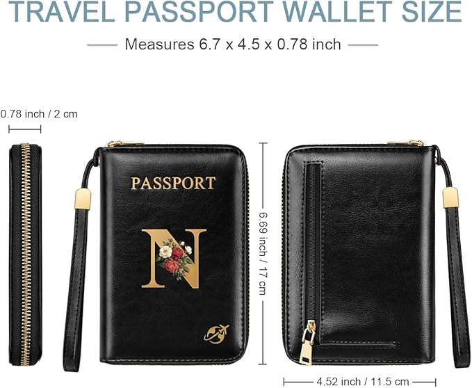 Passport Holder for Travel Wallet Women Zipper Wallets Personalized Passport Holder Cover Initial Letter Rose Flower Passport Book Holders RFID Blocking Credit Card Holder, N