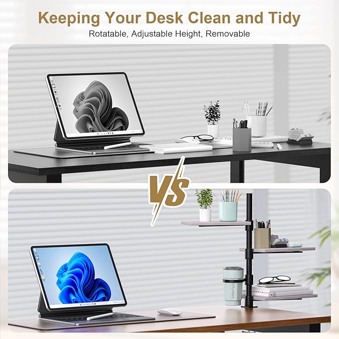 3-Tier Clamp On Desk Shelf with Cup Holder, Rotatable Height Adjustable Over or Under Desk Storage Shelves, Heavy Duty Desktop Organizer for Office Dorm Room Gaming Kitchen