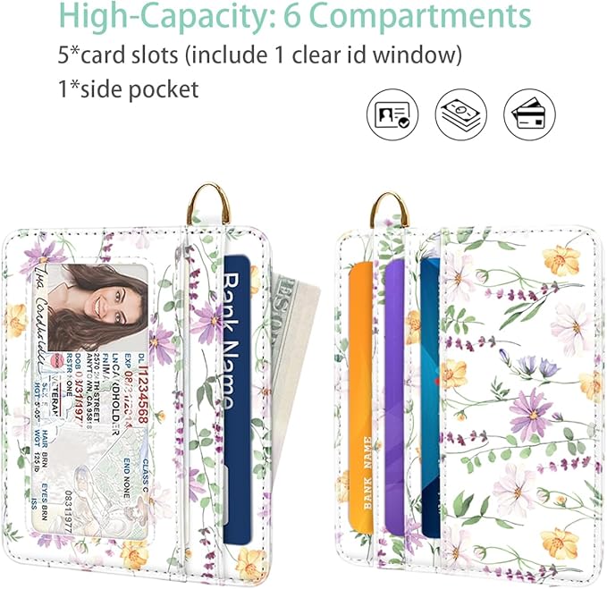 Slim Minimalist Front Pocket RFID Blocking Credit Card Holder Small Wallet Cute Card Cases for Women,White Daisy