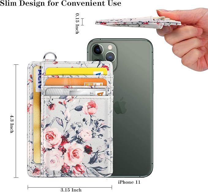 Coco Rossi Slim Front Pocket Wallet RFID ID Card Holder Cute Small Wallet with Keychian for Women,Grey Flowers