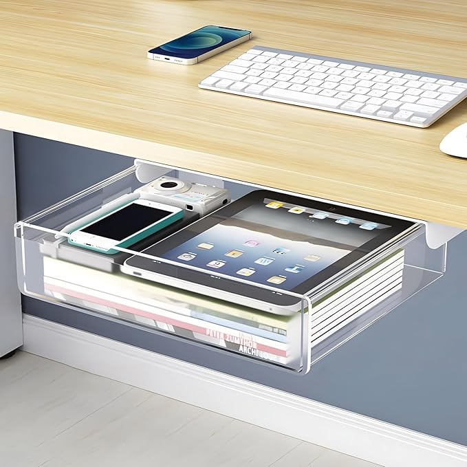 SVNNELP Large Under Desk Table Drawer Storage Organizer A4,Desk Accessories & Workspace Organizers,Hidden Self-Adhesive Under Table Pencil Tray Drawer for Office(Clear White)