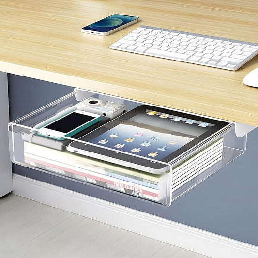 SVNNELP Large Under Desk Table Drawer Storage Organizer A4,Desk Accessories & Workspace Organizers,Hidden Self-Adhesive Under Table Pencil Tray Drawer for Office(Clear White)