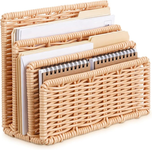 Small Rattan Mail Organizer for Desk Mail Holder Countertop with 3 Slot Rattan Letter Sorter File Holder Envelope Book Stand Farmhouse Office Desk Organizer and Storage Accessories
