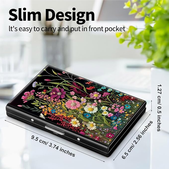 Metal Wallet for Women Men Girls, RFID Blocking Slim Aluminum Credit Card Holder, Mini Travel Wallet with Hard Shell, Lightweight ID & Business Card Case,Wildflowers