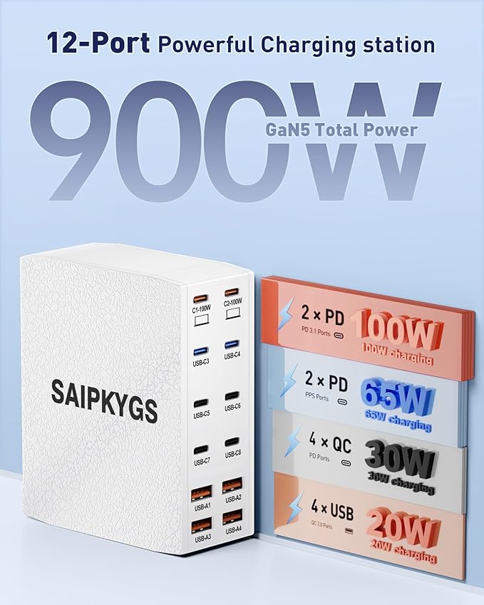 USB Charging Station (900W),12-Port USB C Charger Block with Dual 100W PD USB-C Fast Charging Station Hub for MacBook Pro/Air/All iPad Phone 17/16 15/14/13/Pro Max/Samsung Galaxy Note(White)