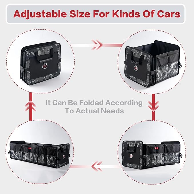 LIBZAKI Car Trunk Organizer,3 Compartments Big Trunk Storage, Large Capacity, Foldable, 95L Heavy Duty Storage Box for Car, SUV, Truck,Jeep, Includes 26L Cooler Bag-Black Camouflage
