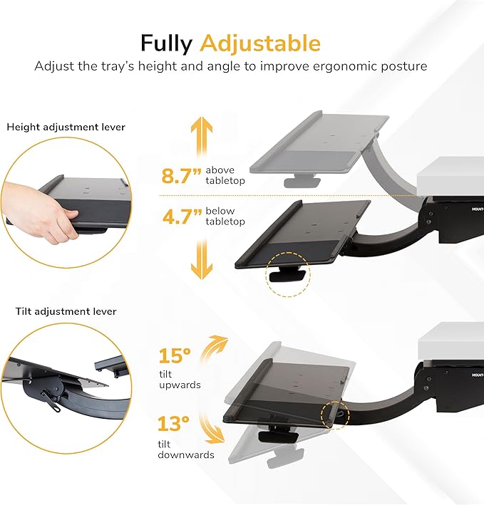Mount-It! Under Desk Keyboard Tray, Adjustable Slide-Out Keyboard & Mouse Platform, 26.5" W × 10" D, Ergonomic Wrist Rest, Height Tilt & Swivel, Heavy-Duty Bolt-On Keyboard Drawer
