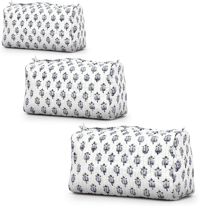 Cotton Hand Block Floral Print Toiletry Bag For Women Make Up Cosmetic Bag Jewelry Organizer Kit Storage Case Travel Accessories Essential Toiletries Purse Pouch (White - Small Medium Large, Set of 3)