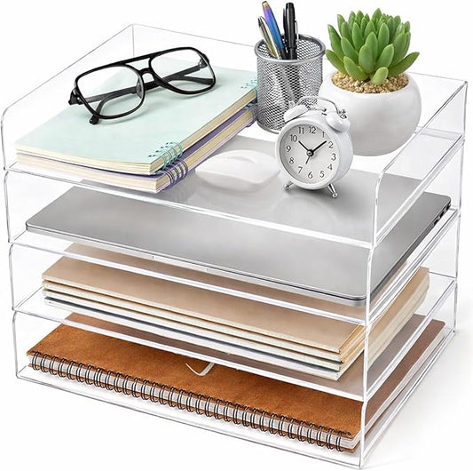 Harloon 4 Tier Paper Organizer Letter Tray Acrylic Desk File Organizer Stackable Documents Letter Clear Paper Holder Sorter Office Tray for A4, Modern Office Classroom Home File Pad Books Notes