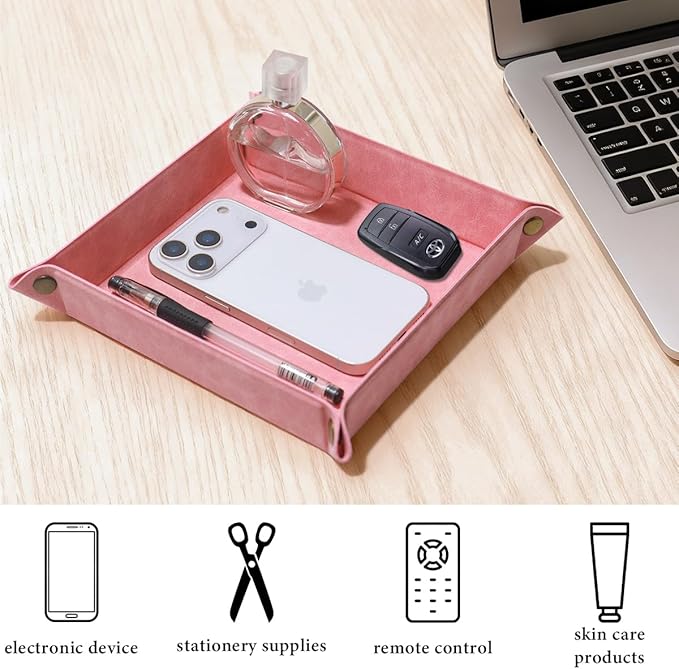 Valet Tray Desktop Storage Organizer – Premium PU Leather Catchall Bedside Vanity Tray Nightstand Caddy Holder for Remote Controller, Keys, Phone, Wallet, Coin, Jewelry,Pink