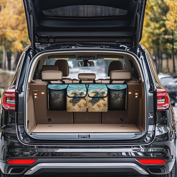 Sea Turtle Car Trunk Organizer,Beach Design Backseat Trunk Organizer with 4 Pocekt,Backseat Hanging Car Storage Bag Foldable Cargo Storage Not Easy to Fade
