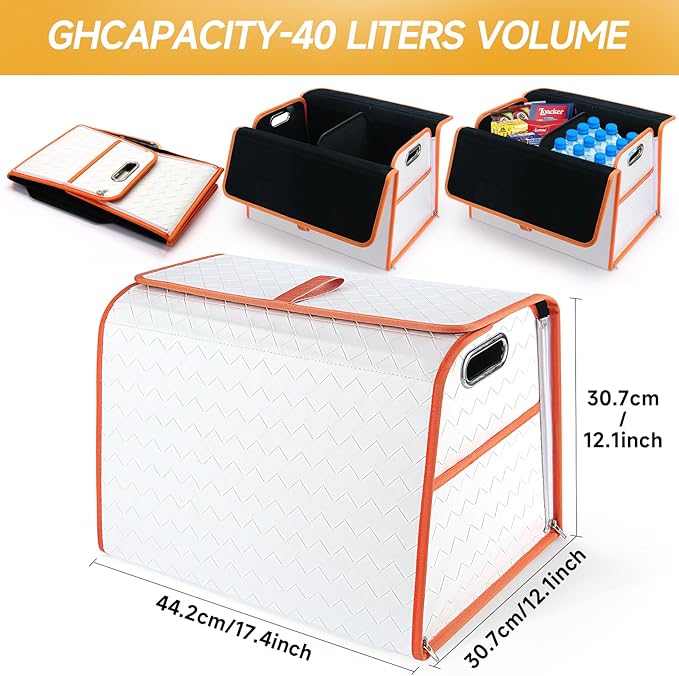 Homeve Trunk Organizer, Waterproof, Collapsible, 2 Compartments Car Organizer, Foldable Storage for Car Accessories, Tools, Women, Men (White+Orange, Standard)