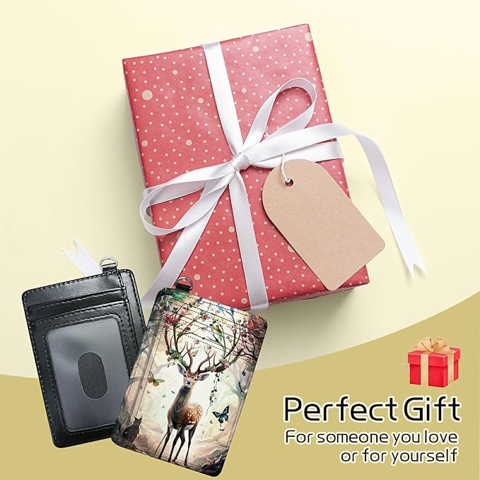 Small Travel Wallets, Decorative Deer Butterfly Slim Minimalist Front Pocket Wallet with Wristlet, RFID Blocking PU Leather Credit Card Holder with ID Window Change Purse for Men Women