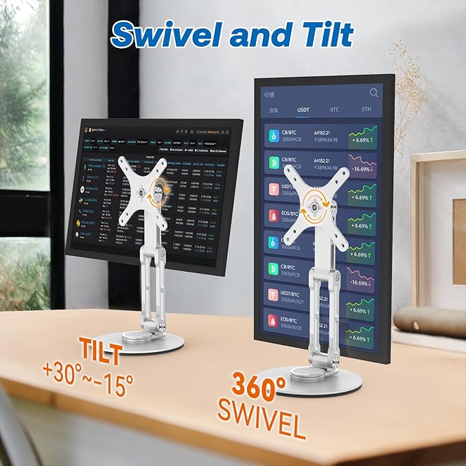 Swivel and Tilt Stand for Echo Show 15 (Gen 1, Gen 2), Portable Monitor Stand, Adjustable Angle and Height with 360° Rotation Bases, Switching Between Landscape and Portrait Screens (Silver)