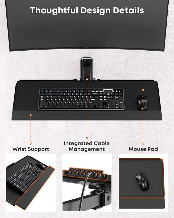 PUTORSEN Compact Wall Mount Keyboard Tray, Sit Stand 26 Inch Keyboard and Mouse Wall Mount with Spring Arm, Height Adjustable Ergonomic Typing Platform with Anti-Slip & Wrist Pad, Holds up to 19.8 lbs