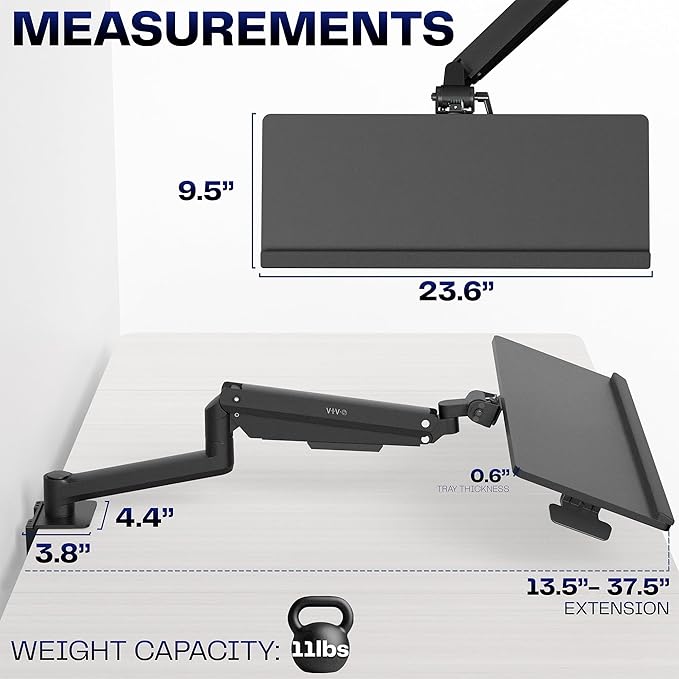 VIVO Sit-Stand 24 Inch Pneumatic Spring Keyboard and Mouse Tray Clamp-on Desk Mount, Counterbalance Height Adjustable Typing Platform, Ergonomic Tilt, Black, MOUNT-KB35CP