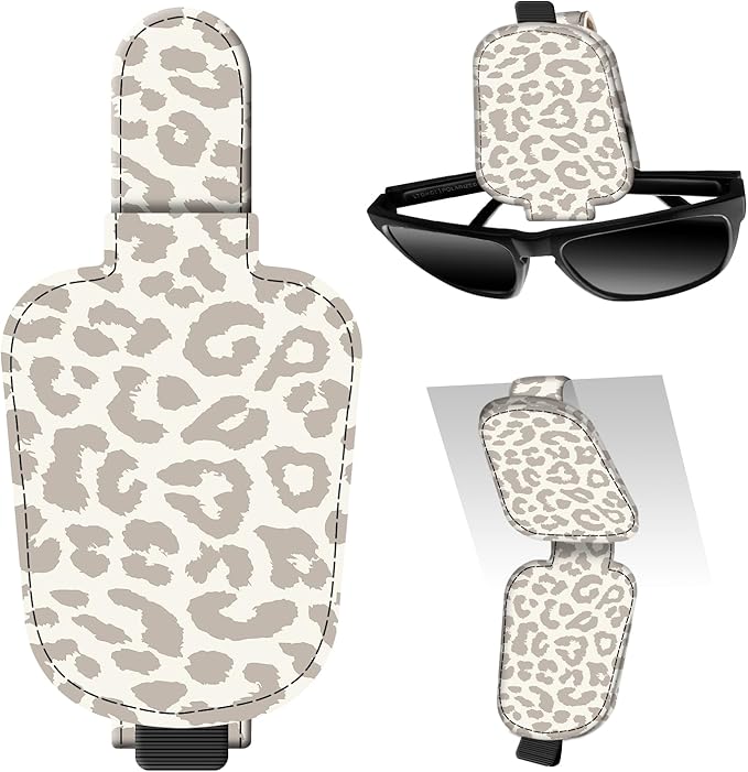 Leather Magnetic Sunglass Holder for Car Sun Visor, Cute Eyeglass Ticket Card Hanger Clip, Universal Auto Interior Accessories for SUV Pickup Truck Beige Leopard Print