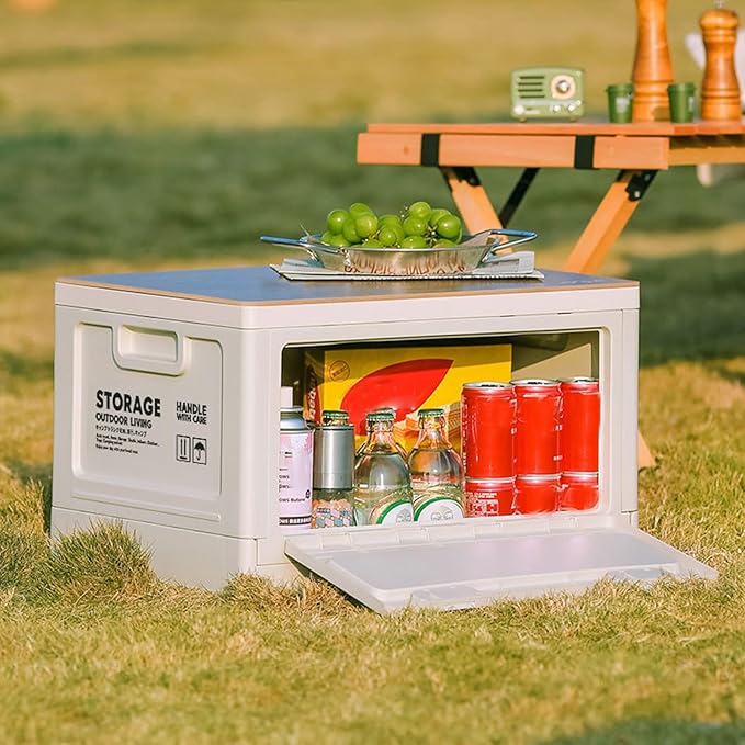 【3-Side Opening 50L Storage Bins with Lids，Portable Foldable Storage Box ，Plastic Stackable Storage Bin for Camp Car RV, Office (White)