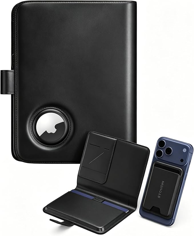 Stouchi AirTag Passport Holder, Passport Holder for Travel Men with Detachable Magnetic Card Case, RFID-blocking, 1-Second Pull Strap & One-Hand Access, Premium Vegan Leather Travel Document Organizer