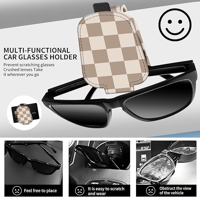 Leather Magnetic Sunglass Holder for Car Sun Visor, Cute Eyeglass Ticket Card Hanger Clip, Universal Auto Interior Accessories for SUV Pickup Truck Light Brown Checker