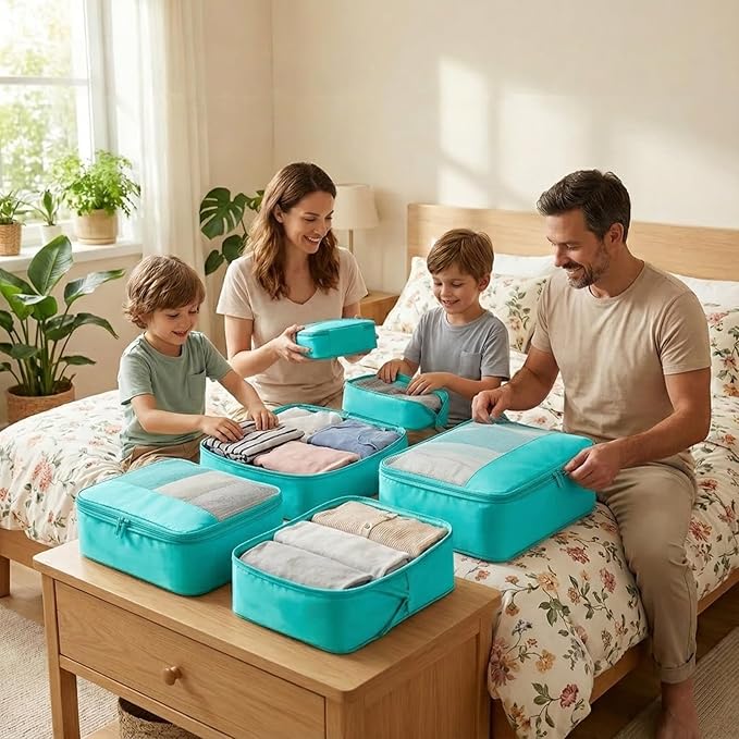 4 Piece Compression Packing Cubes for 3–7 Day Travel, Space Saving Travel Organizers with Breathable Mesh, Double-Zipper Packing Cubes for Carry-On & Suitcases (Teal)