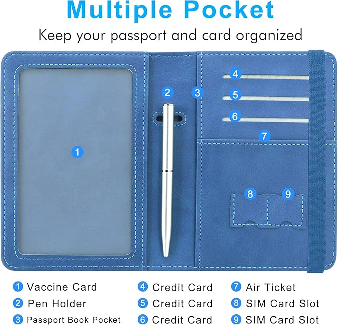 ACdream Passport and Vaccine Card Holder Combo, Cover Case with CDC Vaccination Card Slot, Leather Travel Documents Organizer Protector, with RFID Blocking, for Women and Men, C - Light Blue,