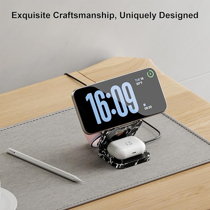 KU XIU X55 Nature Series Fast Magnetic Wireless Charger, Foldable 3 in 1 Charging Station for Apple, Mag-Safe Travel Charger Stand for iPhone 17 16 15 14 13 Series, Apple Watch & AirPods-Marble Black