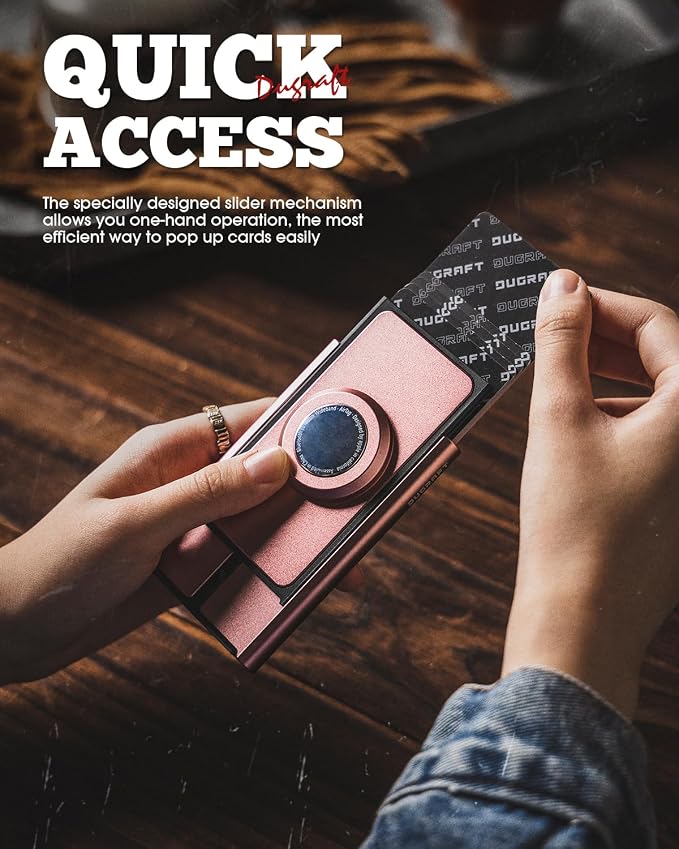 DUGRAFT Credit Card Holder Airtag Pop Up Wallet RFID Blocking Slim Metal Bank Card Case Holds 5-8 Cards, Rose Gold, Minimalist