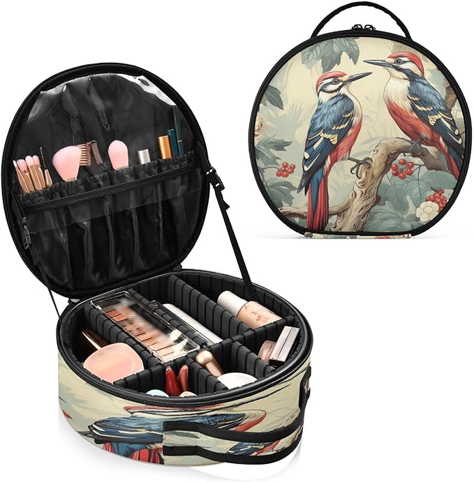 senya Round Cosmetic Pouch Travel Makeup Train Case Vintage Birds Makeup Organizer Bag with Adjustable Dividers Portable for Cosmetics Makeup Brushes Toiletry Jewelry Accessories