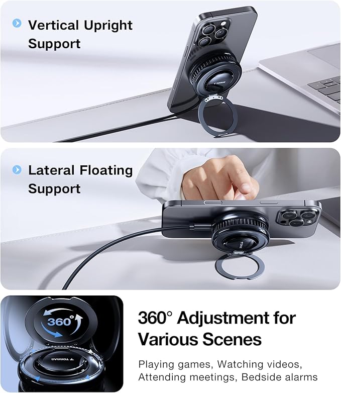 TORRAS PolarCircle Qi2 Wireless Charger, 15W Cooling Magnetic Pad for Samsung Galaxy S26, Wireless Charger for iPhone 17/16/15/14 with 360°Spin Stand, Semiconductor Game Cooler, with 5ft Type-C Cable