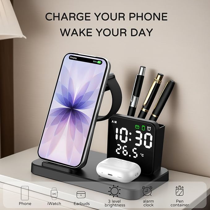 5 in 1 Wireless Charging Station with Alarm Clock Pen Holder, Fast Wireless Charger for iPhone 17/16/15/14/13/12/Pro/Max/Air, for iWatch & AirPods, Charger Stand with Temperature, Snooze Model White